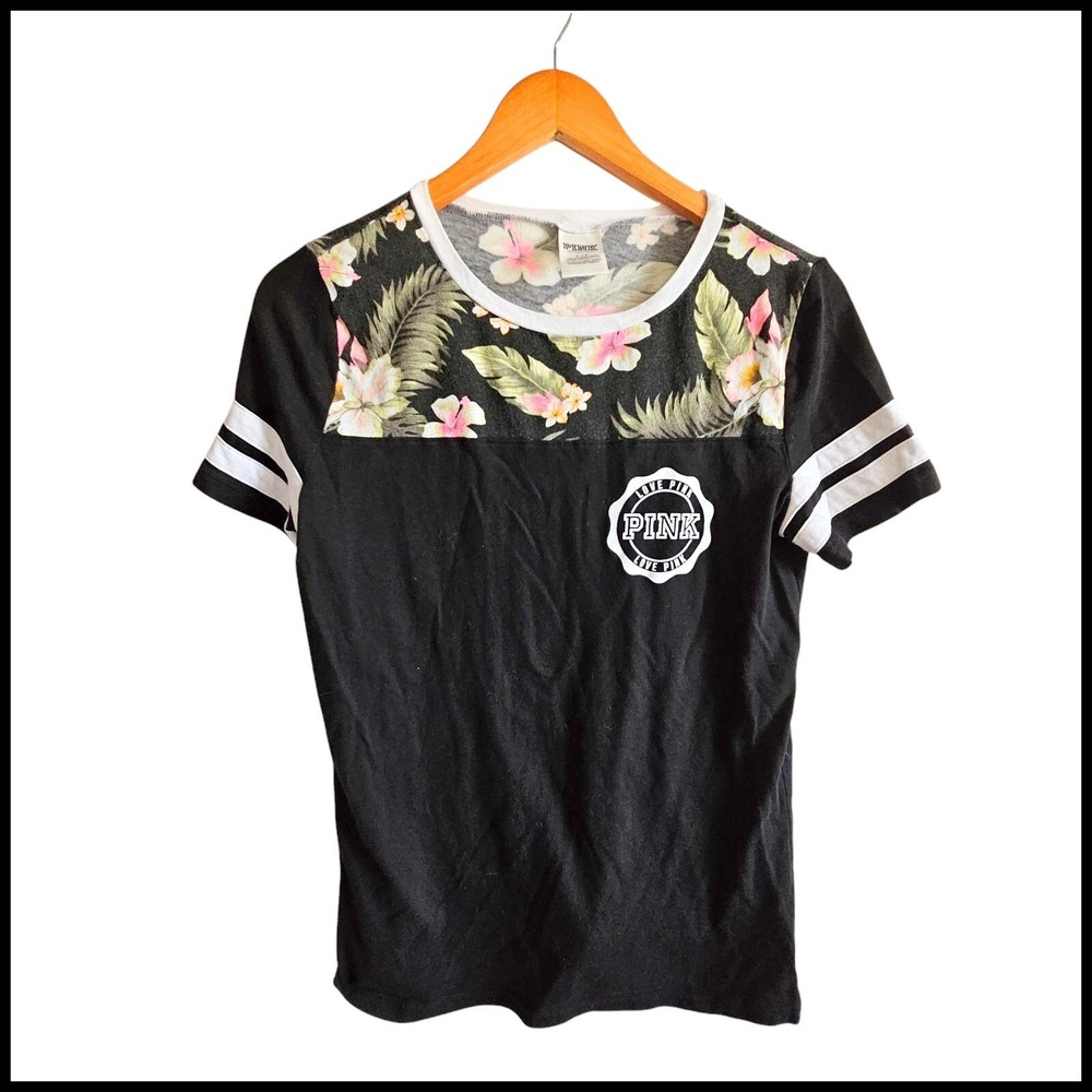 PINK Victoria's Secret Floral T-Shirt Striped Sleeve Top Tee Size S